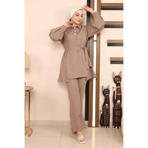 MSW19129-3 Conjunto casual de dos piezas con top midi de manga larga y cuello redondo, 100% poliéster, con dobladillo dividido - Product Image 3