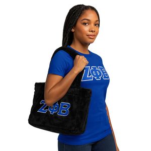 Zeta <span class=keywords><strong>phi</strong></span> Beta zpb sorority lông Tote túi màu đen với màu xanh trắng thêu chữ sang trọng Túi xách bền Hy Lạp cuộc sống sorority Quà Tặng - Product Image 1