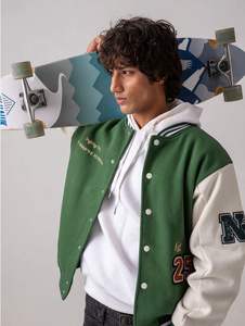 แจ็คเก็ตเบสบอลวาร์ซิตี้แบบเรโทร แขนหนัง ปักโลโก้ตามสั่ง สำหรับผู้ชาย - Product Image 3