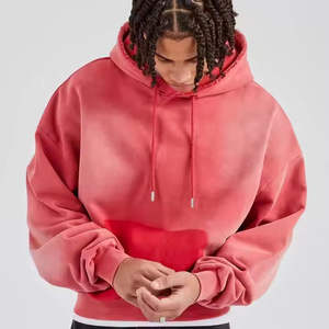 Sudaderas con capucha holgadas de algodón de rizo de 500Gsm para hombre al por mayor personalizadas, ropa informal roja lavada desgastada con cordón ajustable para invierno - Product Image 5