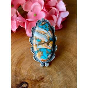 Gilbert Nez Mohave Turquoise Sterling <b>Silver</b> Statement <b>Ring</b> Bezel Set Geometric Moon Pattern <b>Boho</b> Style Size 5.75 Everyday Wear - Product Image 1