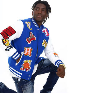 Bulldog Varsity Jacket - Blue Cropped Varsity Jacket Unisexe Chenille Broderie Manches en cuir Streetwear Baseball Style Jacket - Product Image 4