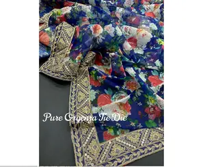新印度传统设计师纯欧根纱花卉数码印花纱丽与序列编码蕾丝边框制造商印度