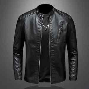 Vente chaude de la saison Nouvelle veste en cuir décontractée pour homme Coupe ajustée Col montant Style motard Vêtement d'extérieur tendance Grande taille Automne - Product Image 5