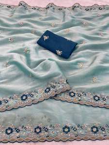 Dernier modèle de sari avec bordure ajourée fantaisie, broderie riche et design CPallu sur le tissu, tenue pour invité de mariage avec chemisier en satin - Product Image 2