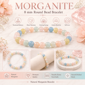Bracelet en perles rondes de morganite naturelle de 8 mm pour l'amour, l'équilibre émotionnel, la compassion, l'harmonie et l'énergie positive - Product Image 3