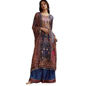 Azul impreso Gotta encaje lentejuelas Kurta Palazzo traje con estampado Floral Dupatta venta al por mayor mujeres Ropa Étnica OEM fábrica de ropa - Product Image 2