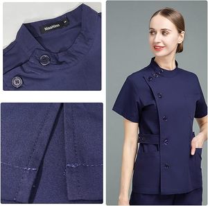 Tenues d'infirmière deux pièces pour femmes, ensembles d'uniformes, col montant, manches courtes, design élégant et délicat pour les uniformes d'hôpital - Product Image 2