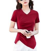 T-shirt d'été pour femme, style japonais, manches courtes, respirant, brodé, délavé, écologique, grande taille, taille irrégulière cintrée, col rond