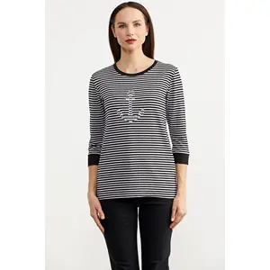 Anchor Detailed Striped Combed Cotton T-Shirt