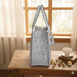 Bolso Tote acolchado gris con estampado de bloque de cremallera personalizable, estampado Floral, ecológico, Vintage, hecho a mano, lona de algodón, Compras para mujer - Product Image 4