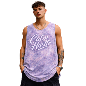 Débardeur pour homme en tie-dye violet, sans manches, avec typographie « calm hustle », streetwear moderne, maquette de fitness - Product Image 1