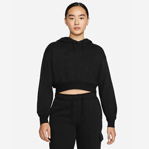 Sweat-shirt à capuche ample 66% coton 34% Polyester recyclé, entretoise douce, poche kangourou, noir, sweat-shirt court pour femmes - Product Image 1