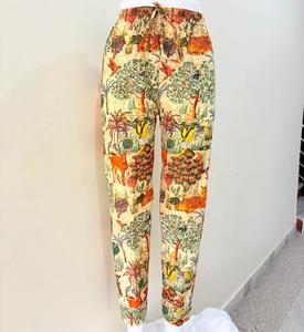 100% Cotton Printed Lounge Pants Red Pomegranate Floral Design <b>Elastic</b> Waist Straight Pant Breathable <b>Lace</b> Decorated for Summer - Product Image 1