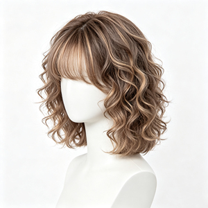 Perruque Lace Front en cheveux humains bouclés courts, marron cendré avec mèches champagne, longueur aux épaules, pour femmes, usage quotidien - Product Image 1