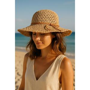 Camel Wide Brim Hand-Knitted <b>Straw</b> <b>Hat</b> - Trendy <b>Summer</b> Accessory with Knitted Details HSR2102 - camel2102 - Product Image 2