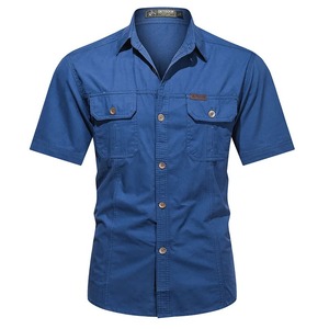 Camisa retro lavada antiarrugas con patrón liso de verano al por mayor para hombre de algodón de manga corta informal con cierre de botón cubierto - Product Image 5