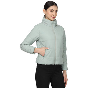 Women's Light Green Quilted <b>Jacket</b> Stand Collar Full Sleeve Zipper Closure Short Length Polyester Shell Autumn Wear - Product Image 3