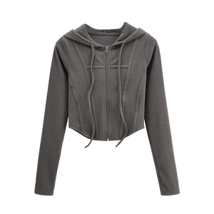 2024 nouvelle mode hiver à manches longues imprimer haute stretch court vêtements de rue brodé haut court femmes à capuche - Product Image 1