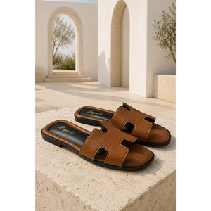 Tan Comfort Sole H-Strap <b>Slippers</b> with Open Toe Casual Style Genuine Leather Lining - Product Image 1