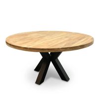 Table à manger de style européen en bois de manguier massif avec finition brute naturelle, forme ronde, 4 places, pieds en métal croisés, pour la maison et l'hôtel