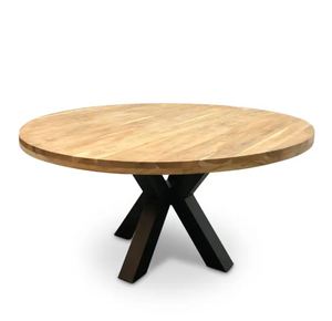 Mesa de Comedor de Madera de Mango Maciza de Estilo Europeo con Acabado Natural Rústico, Forma Redonda, 4 Plazas, Patas Cruzadas de Metal, para Hogar y Hotel - Product Image 6