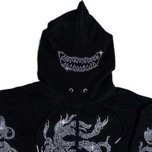 Sudadera con capucha de diamantes de imitación nacarados hecha a medida con logotipo personalizado, Sudadera con capucha de esqueleto de diamantes de imitación con cremallera completa de calavera de mujer de alta calidad - Product Image 6
