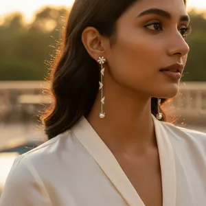 Boucles d'oreilles pendantes vintage en argent avec papillon, perle d'eau douce, accents de diamants dorés pour mariage, design en forme de cœur et d'étoile pour femmes - Product Image 2