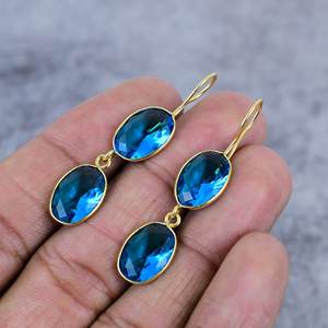 ต่างหูเงินแท้ 925 ประดับพลอยลอนดอนบลูโทปาซทรงรี งานแฮนด์เมด ของขวัญเครื่องประดับ - Product Image 3