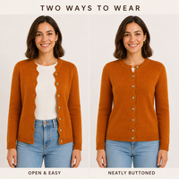 Cardigan en tricot caramel pour femme, ouvert sur le devant, bord festonné, boutons dorés, tricot fin, collection boutique