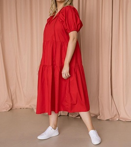 Robe d'été vintage décontractée rouge vif, longueur mi-mollet, 100 % coton, coupe trapèze, collection 2026, fabricant de vêtements américains et européens - Product Image 6