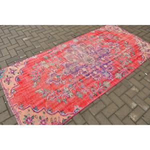 พรมตุรกี, พรมวินเทจขนาด 3.7x7.8 ฟุต, พรมขนสัตว์ลายอิคัตสีแดงน้ำเงิน - Product Image 2