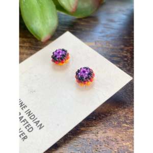 Navajo Beaded <b>Post</b> Earrings Stud Design with Floral Pattern and Bezel Setting Inlay - Product Image 4