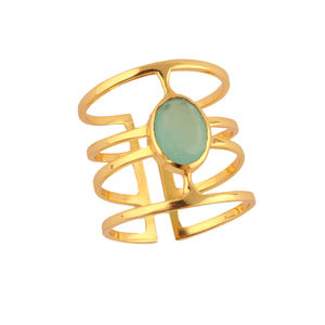 <b>Dainty</b> Oval Gemstone Wide Cuff Band <b>Ring</b> Checker Cut Aqua Chalcedony Back Open <b>Ring</b> 18k Gold Plated Four Layered Big Band <b>Rings</b> - Product Image 5