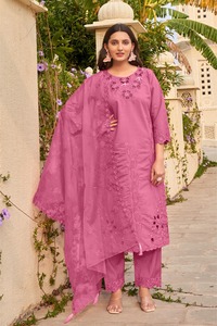 High on Demand Partywear Roman <b>Silk</b> Slub Kameez Pant With Thread Work <b>Organza</b> Dupatta Available at Best Price - Product Image 2