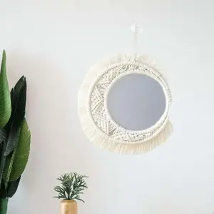 Miroir mural rond en bois dur aspect corde vintage pour la décoration de la maison Miroir mural en corde fait main - Product Image 4