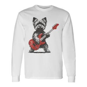 Camiseta de Manga Larga con Diseño Vintage de Perro Yorkie Tocando la Guitarra, Producto Promocional Elegante - Product Image 1