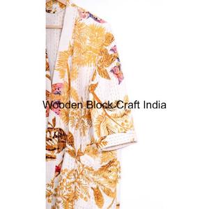 Magnifique robe kimono décontractée pour femmes en coton pur fait main, matelassée Kantha, longue, pour l'hiver et l'automne, broderie florale multicolore, ceinture - Product Image 3