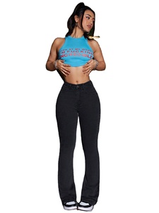 Jean évasé décontracté pour femme, taille mi-haute, coupe régulière, en polyester/coton respirant et coupe-vent, noir, vente en gros - Product Image 1