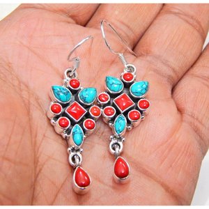 Pendientes de Plata de Ley 925 Coral y turquesa, regalo de boda bohemio, piedras preciosas naturales, joyería de oro para ella - Product Image 3