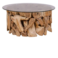 Table basse ronde en racine de teck, fabriquée à la main en bois de teck massif pour un espace de vie naturel et rustique