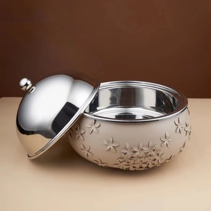 En venta, calentador de alimentos de forma redonda, Color cremoso, recubierto de polvo, hecho a mano, acero inoxidable, tapa de Color plateado - Product Image 3