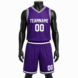 Ensemble de maillots de basket-ball pour hommes personnalisés, couleur violette, col en V, sans manches, nom de l'équipe sublimé, 00, uniforme en maille respirante, adulte, toutes saisons - Product Image 1