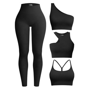 4 Piece Women Fitness Set Ribbed Yoga Wear Sports Bra One Shoulder Top High Waist <b>Leggings</b> Workout Outfits - Product Image 2