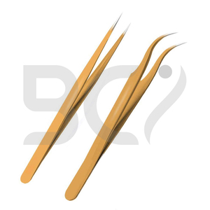 Pince à épiler d'extension en acier inoxydable de couleur dorée et de 2 pinces à épiler à pointe incurvée avec propre logo. - Product Image 6