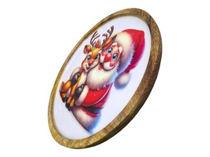 Plateau en bois de père Noël et de renne joyeux avec bordure ronde en or décor de vacances peint à la main écologique - Product Image 4