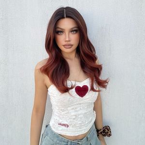DWY T-Part Mid-Length Curly <b>Wig</b> with Dark Root Copper Orange Red Color Transparent Lace Limited to US - Product Image 1
