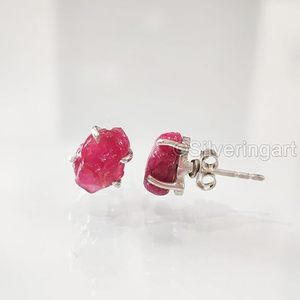 Pendientes de Piedra Natural para Mujer, Gema de Rubí en Bruto, Piedra de Nacimiento de Julio, Regalo de Cumpleaños, Navidad, Pendientes de Plata de Ley 925 - Product Image 6