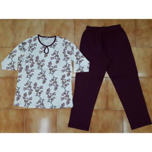 Ensemble de pyjama pour femmes en coton 100% uni, imprimé intégral, t-shirt à manches courtes, poche latérale, col rond, style décontracté et vacances - Product Image 1