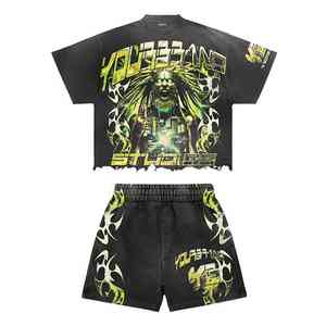 ชุดเสื้อยืดแขนสั้นและกางเกงขาสั้นสำหรับผู้ชายชุดออกกำลังกายผ้าฝ้ายสองชิ้นสำหรับฤดูร้อนสีทึบ100% ชุดสตรีทแวร์และการใช้งานสบายๆ - Product Image 1